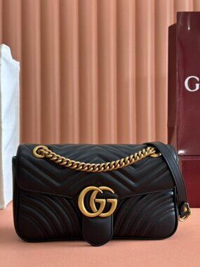 GUCCI Black Leather GG Marmont Shoulder Bag